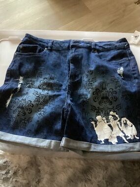 Disney Blue Damask Denim Shorts with White Character Graphic